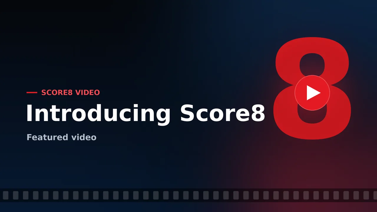 Poster for Introducing Score8: a large red 8 numeral with a play button on a dark navy background