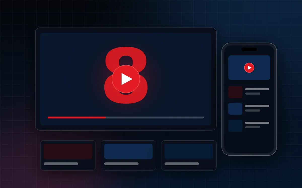 Illustration of a widescreen video player with a red 8 and play button beside a phone showing a video list